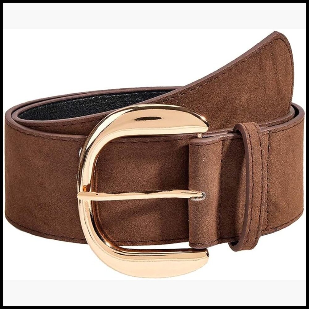 Wide Chunky Suede Faux Leather Belt with Oversized Metal Buckle